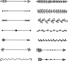 Hand drawn set of line frames on a white background. Sketch elements of floral and herbs ornaments for banner design. Line border collection. Arrows. Isolated separators. Vintage border. 