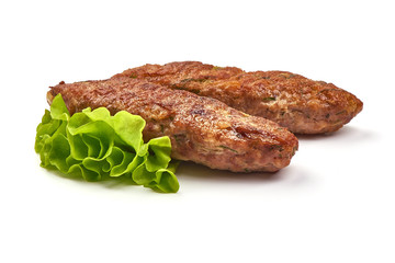 Fried american breakfast sausages, isolated on white background