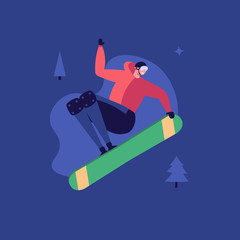 Concept of winter activities, holidays and snowboarding, healthy style. Isolated young man active in the winter outdoors wth snowboard. Vector illustration in flat design