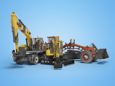 Group concept road construction equipment 3D rendering on blue background with shadow