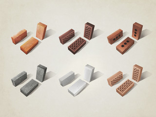 Types of bricks. Realistic 3d ilustration of bricks, isolated industrial elements. Construction.