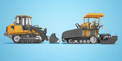 Road construction machinery crawler paver and caterpillar bulldozer side view 3D rendering on blue background with shadow