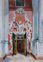 Main entrance into Menshikov's tower church in Moskow, rare baroque decoration door, original architectural watercolor