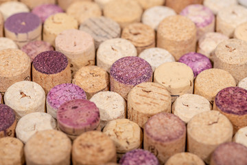 Closeup view of used  wine cork stoppers, wine corks background