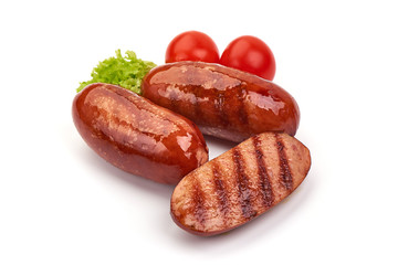 Grilled pork sausages, isolated on white background
