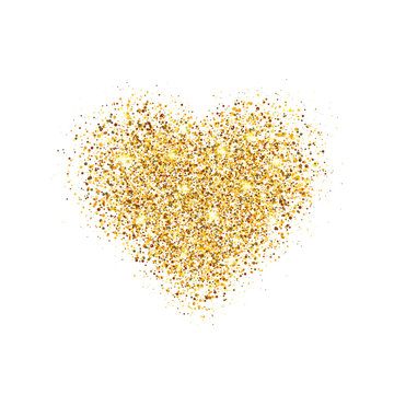 Glitter gold heart isolated on white background. Glowing heart with sparkles and star dust. Holiday luxury design. Valentines Day card. Romantic design with symbol of love. Vector illustration