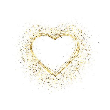 Glitter gold heart frame with space for text. Glowing heart with sparkles and star dust. Holiday luxury design. Valentines Day card. Romantic design with symbol of love. Vector illustration