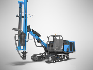 Big construction machinery crawler mounted rotary drilling rig front view blue 3D rendering on gray background with shadow