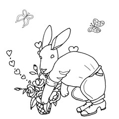 Easter bunny hides eggs in flowers. Black and white coloring book in the style of hand-drawing.