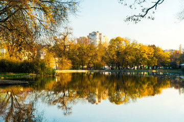 landscape lake in a city park in the autumn season