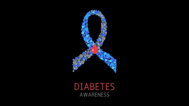 Diabetes Type 1 awareness seamless loop motion graphics. Blue and grey ribbon with a drop of blood animation with alpha channel. Medical concept.