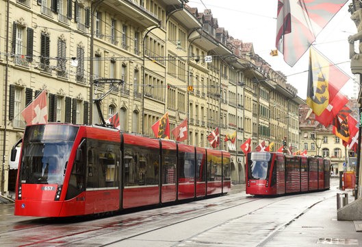 Bern, Switzerland - June 04, 2017: Tram in old city center of Bern.