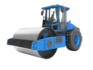 Blue road vibratory roller for laying asphalt on the road 3D rendering on white background no shadow