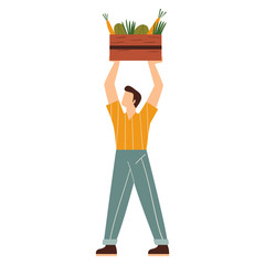 Man holding wooden box with vegetables. Concept of eco products delivery or vegetarian food. Man with groceries. Flat vector illustration