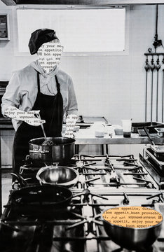 Collage of anonymous chef in professional kitchen