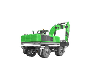 3D rendering green hydraulic wheel excavator isolated on white background no shadow