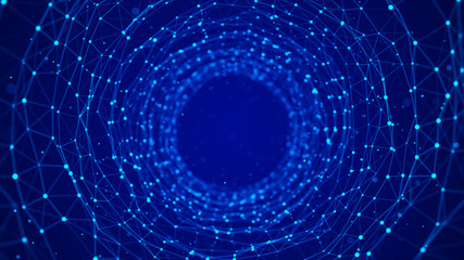 Abstract 3d portal. Tunnel or wormhole. Digital blue background with connected blue dots. 3d rendering.