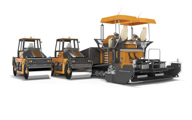 Asphalt spreader machine and two road roller getting ready for work side view 3D rendering on white background with shadow