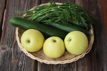 Fruits and vegetables on a wooden table