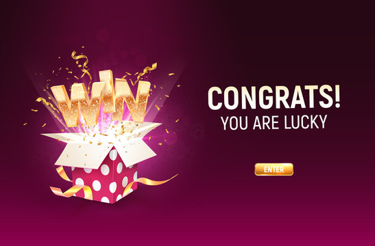  Win gold sign take off from open textured purple gift box on dark background. Gambling vector banner. Jackpot illustration template