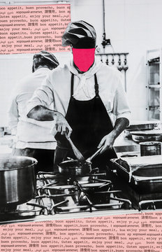Collage of anonymous chef in professional kitchen