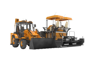 Orange wheeled tractor in front and asphalt spreader machine backside 3D rendering on white background no shadow