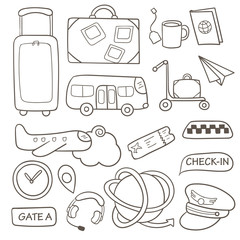 Doodle set with airport objects. Travel items in cartoon outline. Easy to change color. 