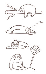Cute cartoon sloth sleeping on a branch, pillow and floor, looking at the road sign.  Doodle sloth in various poses. Easy to change colors inside of objects.