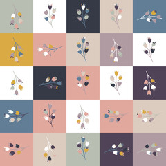 Square floral random girly seamless truchet graphic swatch. Botanical elements in tiles randomly arranged in a mosaic. Seamless repeat vector pattern motif.