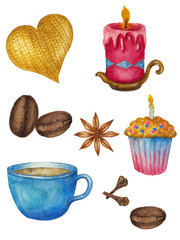 Set of watercolor decorative elements for the holiday. Bright illustrations of a cup of coffee, coffee beans, seasonal spices, candle, muffin, and a knitted heart