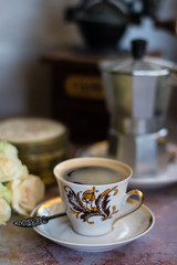 morning Cup of coffee from vintage dishes