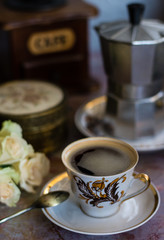 morning Cup of coffee from vintage dishes
