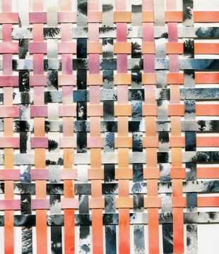 Watercolor woven paper collage in black and gray and peachy colors