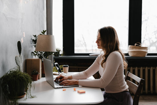 Pretty female browsing laptop at table