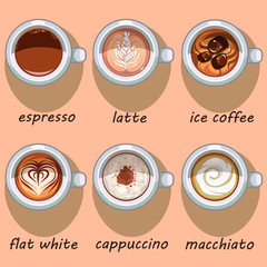 Set of six different sorts of coffee in white cups