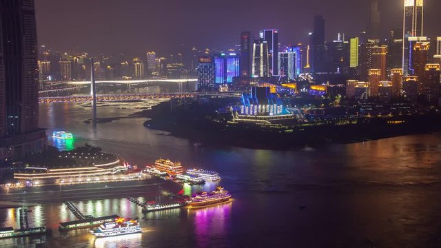 Chungking Yangtze and Jialing confluence in China timelapse zoom out
