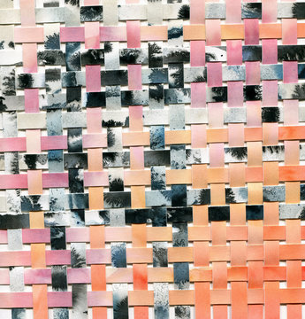 Watercolor woven paper collage in black and gray and peachy colors