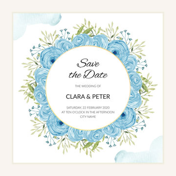 Watercolor Blue Floral Save The Date Card Template