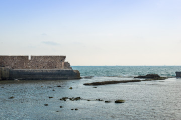 walls of Acre akko israel on the background of the Mediterranean