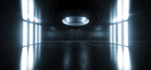 Obraz premium Modern Sci Fi Alien Spaceship Studio Stage Club Night Dark Room Garage Tunnel Corridor Led Neon White Blue Glowing Lights Grunge Concrete Reflections 3D Rendering