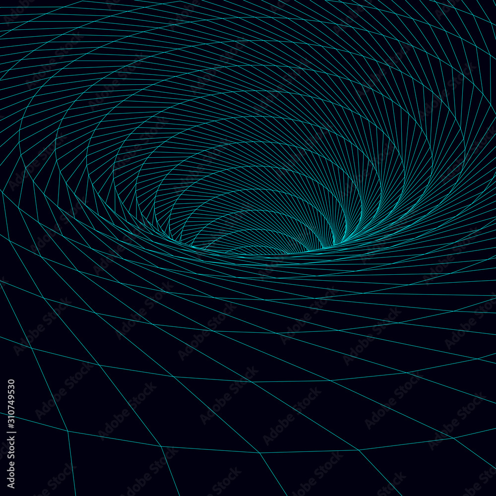 Poster vortex. vector perspective curved grid. wireframe abstract tunnel. 3d vector wormhole with a mesh st