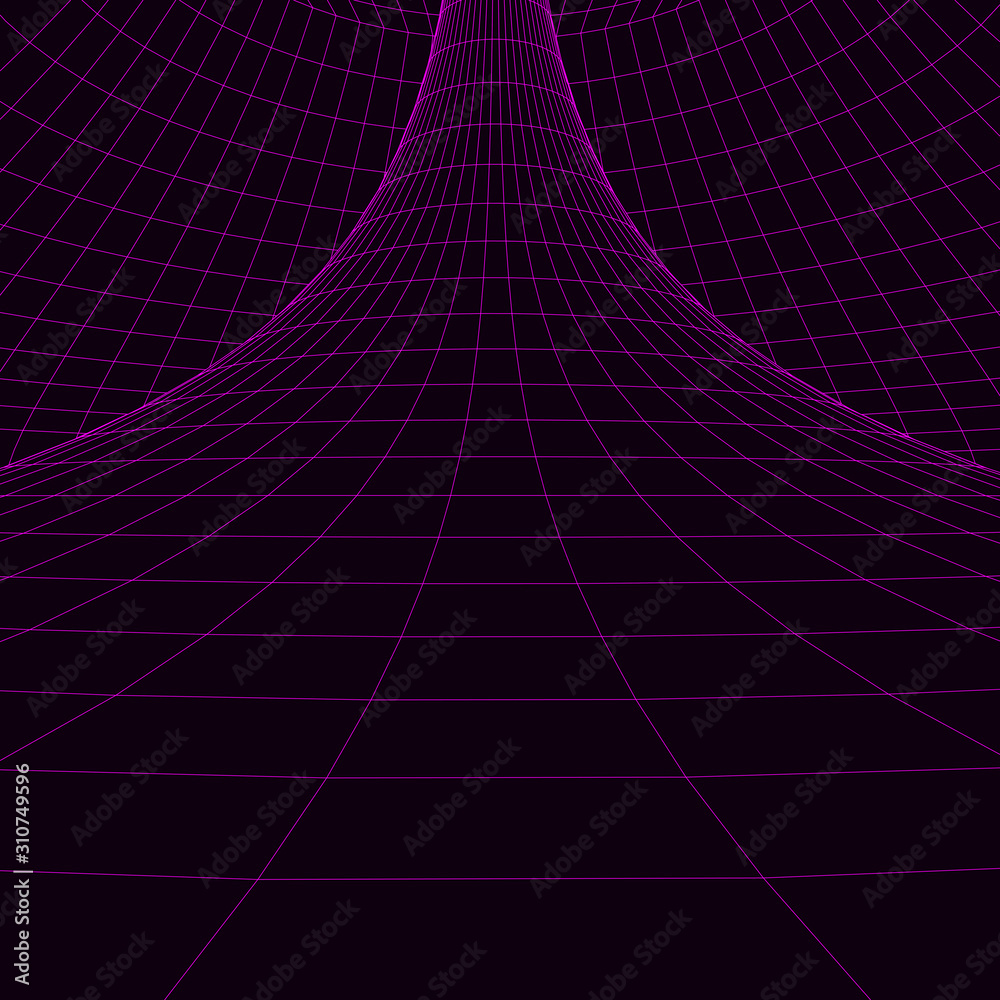 Poster vortex. vector perspective curved grid. wireframe abstract tunnel. 3d vector wormhole with a mesh st
