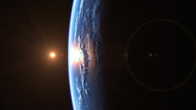 Sun Above Planet Earth. View From Outer Space. Ultra High Definition. 4K. 3840x2160. Seamless Looped. Realistic 3d Animation.
