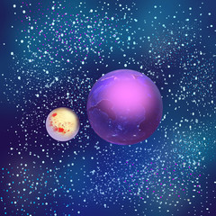 Fototapeta na wymiar Raster space illustration. Lilac planet with its light satellite on a blue starry background.