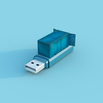 Cargo container on top of an usb pen drive
