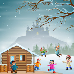 Winter vacation with children playing snow