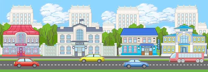 Colored urban landscape with hotel, police, museum, market and apartment houses. City street downtown billboard. Panorama with modern buildings and skyscrapers near the road with cars and buses.