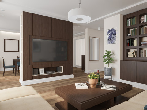 Modern living room interior design 3D Rendering, 3D Illustration