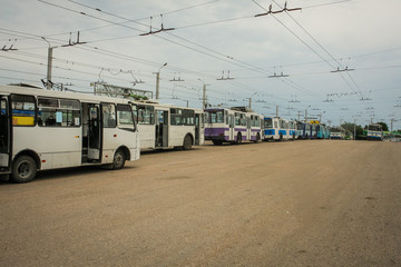 Station with electric buses, trolleybuses in Sevastopol, Ukraine. Parking of buses driven by electricity in Ukraine.