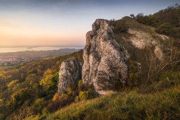 Colorful Autumn Sunset as Seen from Rocky Hill in Palava Protected Area near Mikulov in South Moravia, Czech Republic